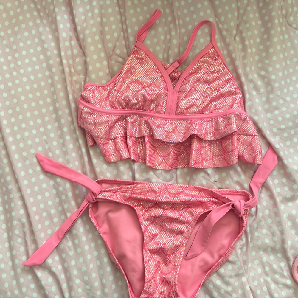Girls Bathing Suit Justice size 10 pink Glittery worn once